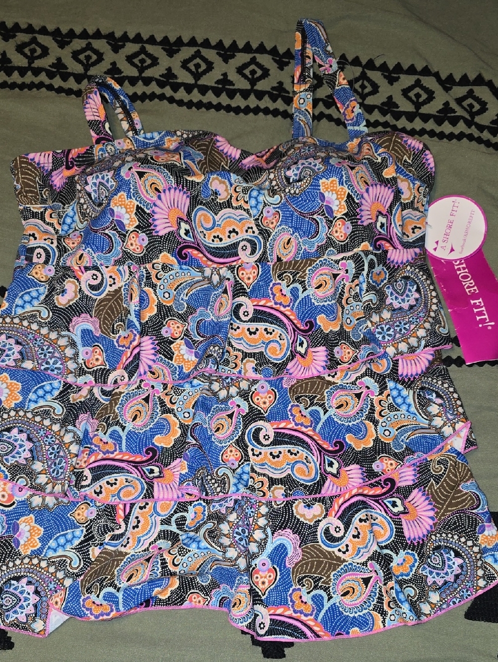 Shore Fit Paisley Layered Tankini Top - Blue/Pink/Orange